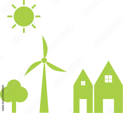 A green graphic illustrating a sustainable community with a wind turbine, houses, a tree, and the sun.