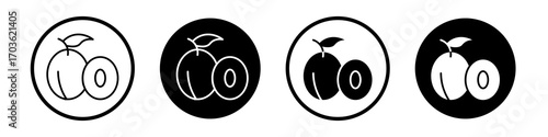 Plum icon collection in black and white filled and outlined style for web.