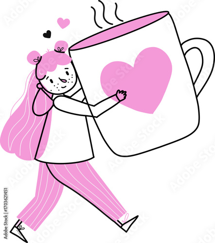 girl with a big mug of coffee with a heart
