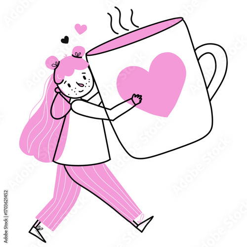 girl with a big mug of coffee with a heart