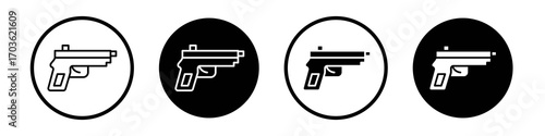 Pistol icon collection in black and white filled and outlined style for web.