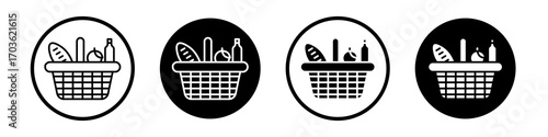 Picnic basket icon collection in black and white filled and outlined style for web.