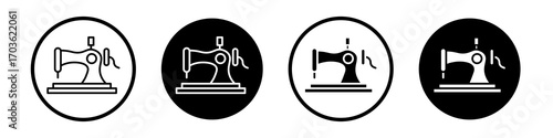 Old sewing machine icon collection in black and white filled and outlined style for web.