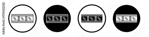 Negative film icon collection in black and white filled and outlined style for web.