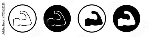Muscle icon collection in black and white filled and outlined style for web.