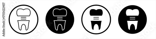 Molar crown icon collection in black and white filled and outlined style for web.