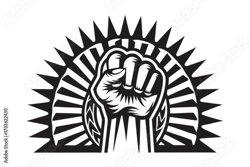 fist raised boldly upward framed by radial spiky beams in black and white
