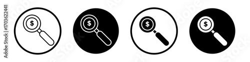 Money finder icon collection in black and white filled and outlined style for web.