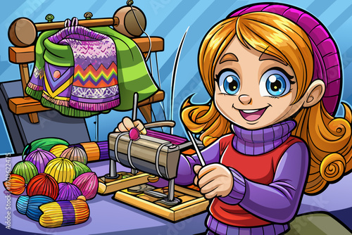 A young lady is sitting in front of the knitting machine and knitting a sweater for her little child. The threads are intertwined and with each movement of the machine, a new pattern appears on the fa