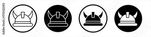 Medieval Helmet with Horns icon collection in black and white filled and outlined style for web.