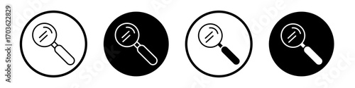 Magnifying glass icon collection in black and white filled and outlined style for web.