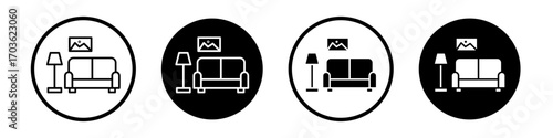 Living room icon collection in black and white filled and outlined style for web.