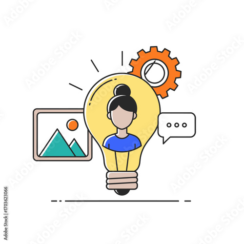 Illustration of a light bulb with a person inside, representing an idea