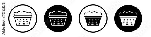 Laundry hamper icon collection in black and white filled and outlined style for web.