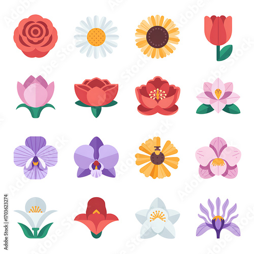 Set of sixteen stylized botanical illustrations featuring various types of flowers in a modern geometric vector art style isolated on white