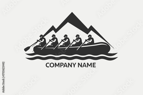 Five rafters paddling vigorously in a mountain river setting symbolize teamwork and outdoor adventure