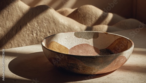 Hand-painted bowl, desert backdrop, sunlight, studio, home decor