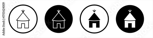 Hut icon collection in black and white filled and outlined style for web.