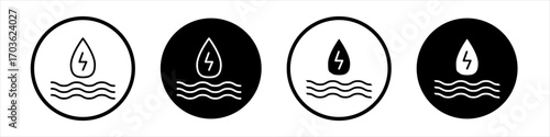 Hydraulic energy icon collection in black and white filled and outlined style for web.