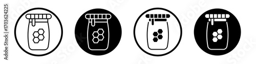 Honey jar icon collection in black and white filled and outlined style for web.
