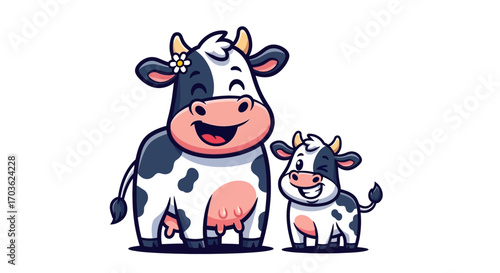 Cartoon Cow and Calf with Flower Detail.