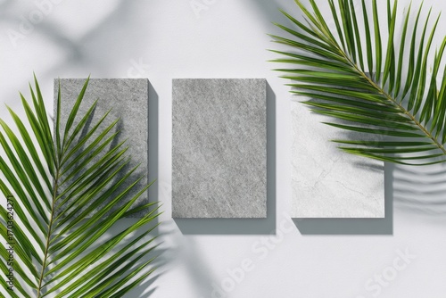 Wallpaper Mural Three rectangular stone-like objects, adorned by tropical leaves, sit atop a light background Torontodigital.ca