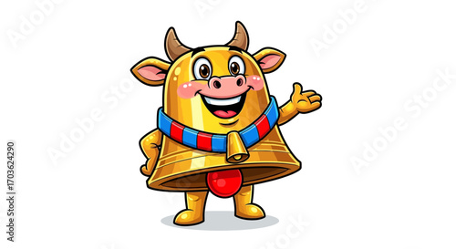 Cartoon Golden Cow Bell Character with Thumbs Up Gesture.