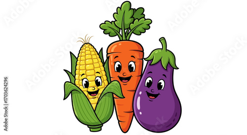 Cartoon Vegetables Smiling Corn Carrot and Eggplant Illustration.