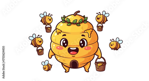 Cartoon Beehive Character with Bees and Honey Buckets Illustration.