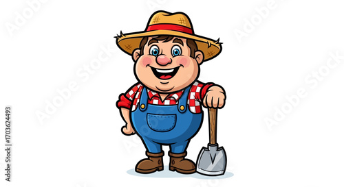 Cartoon Farmer with Shovel and Straw Hat Illustration.