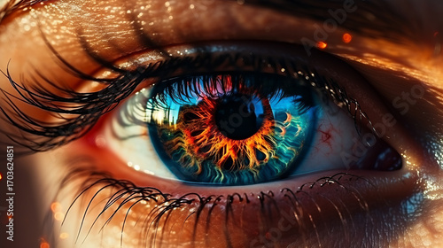 A close-up of an eye with a fiery orange and blue iris, surrounded by dark lashes