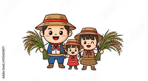 Cartoon Family of Farmers Holding Rice Stalks Wearing Straw Hats.