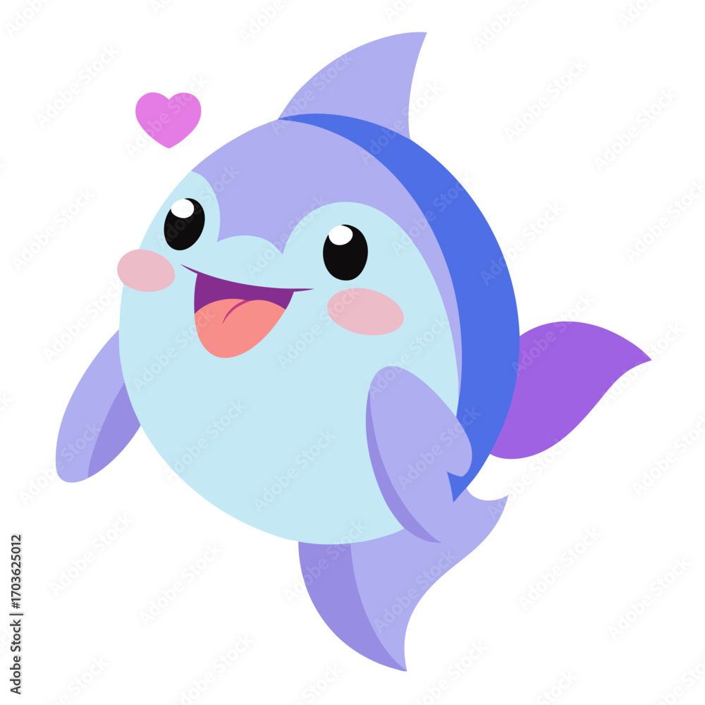 Obraz premium Cute cartoon dolphin with heart shape adorable aquatic creature smiling cheerfully on a white background