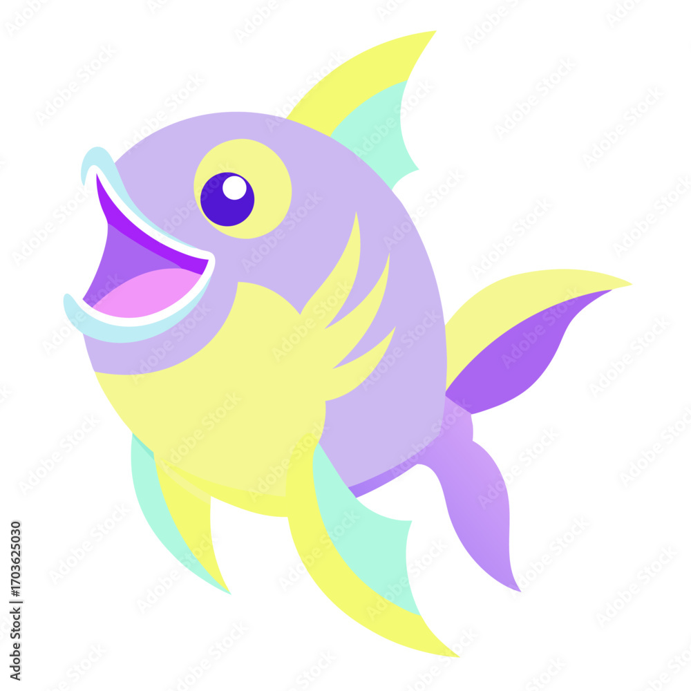 Fototapeta premium Colorful Cartoon Fish with Open Mouth and Fins Isolated on White Background Illustration