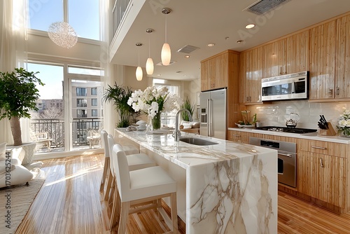 Modern Kerala kitchen with marble counters high resolution picture