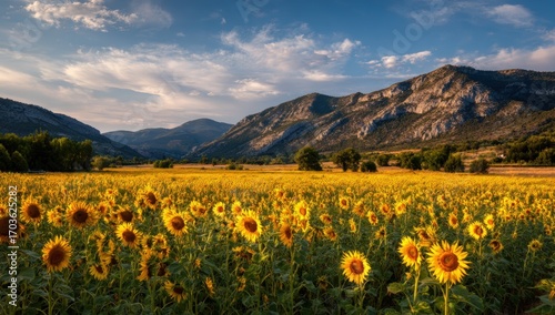 Wallpaper Mural Sunflowers field at sunset, mountains in background Torontodigital.ca