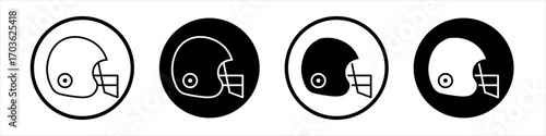 Football helmet icon collection in black and white filled and outlined style for web.