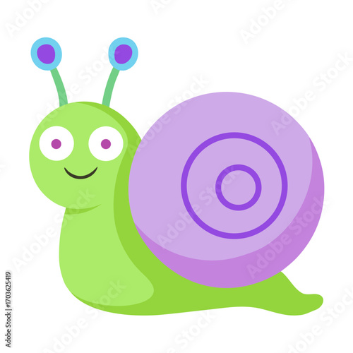Cute cartoon snail illustration with purple shell and a big smile on white background