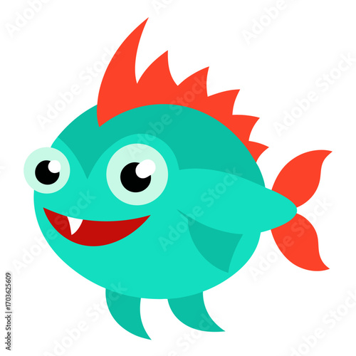 Cartoon fish character with spiky fin and big eyes swimming in the ocean cheerfully