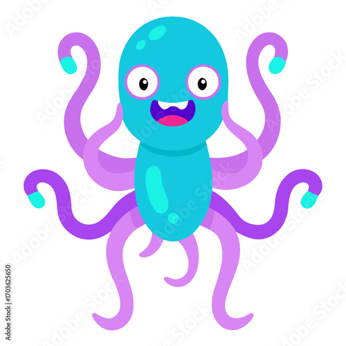 Cartoon octopus illustration with eight tentacles and cheerful expression on a white background aquatic animal design