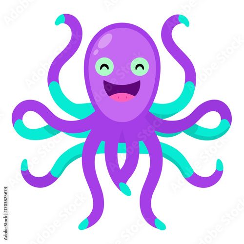 Adorable cartoon octopus with eight tentacles smiling with delight underwater wildlife illustration