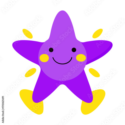 Cute cartoon purple star with a happy smile and yellow accents isolated against white backdrop