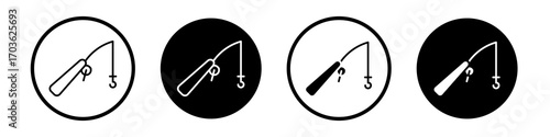 Fishing icon collection in black and white filled and outlined style for web.