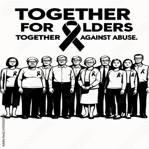 United Voices for Senior Protection: A poignant black and white image captures a united front against elder abuse, showcasing diverse individuals standing together, united by a common cause.