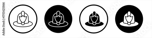 Firefighter hat icon collection in black and white filled and outlined style for web.