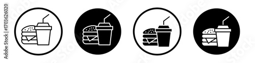 Fastfood icon collection in black and white filled and outlined style for web.