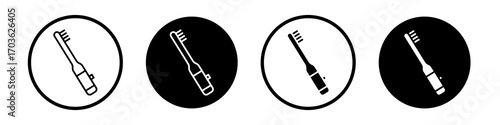 Electric toothbrush icon collection in black and white filled and outlined style for web.