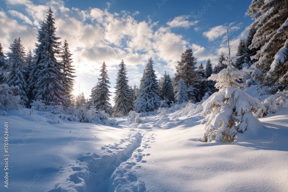 Obraz premium Snowy forest path on a bright winter day