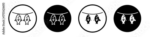 Dried fish icon collection in black and white filled and outlined style for web.