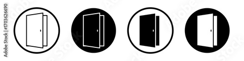 Door icon collection in black and white filled and outlined style for web.
